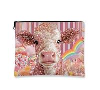 Sparkling Cow Makeup Bag, Festive Rainbow Glitter Cosmetic Travel Pouch for Women, Cute Fun Design Portable Zipper Organizer for Skincare and Toiletries, Holiday Gift, Peach, 7x9 Inch, Cow
