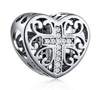 Sparkling Cross in Heart Charms fit Pandora Christian Easter Bracelet, 925 Sterling Silver Religious Faith Hope Love Charms Openwork Prayer Beads, Gifts for First Mothers Day/Birthday/Nana