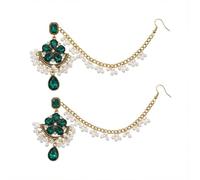 Sparkling Crystal Flower Imitation Pearl Bead Tassel Statement Stud Earrings Crystal Teardrop Dangle Drop Earring with Link Tassel Hair Accessories for Women Bride Traditional Indian Vintage Jewelry