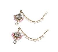 Sparkling Crystal Flower Imitation Pearl Bead Tassel Statement Stud Earrings Crystal Teardrop Dangle Drop Earring with Link Tassel Hair Accessories for Women Bride Traditional Indian Vintage Jewelry