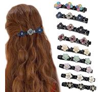 Sparkling Crystal Stone Braided Hair Clips, Satin Fabric for Women - Four-Leaf Clover & Retro Flower With 3 Small Clips - 9 PCS
