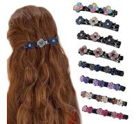 Sparkling Crystal Stone Braided Hair Clips, Satin Fabric Hair Clips for Women, Four-Leaf Crystal Stone Hair Clips with 3 Small Clips Clover&Double Flower-8 PCS