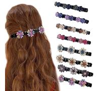 Sparkling Crystal Stone Braided Hair Clips, Satin Fabric Hair Clips for Women, Four-Leaf Crystal Stone Hair Clips with 3 Small Clips Plum&Double Flower-8 PCS