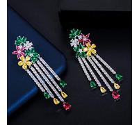 Sparkling Cubic Zirconia Pave Long Flower Tassel Drop Wedding Earrings for Women Party Dress Jewelry