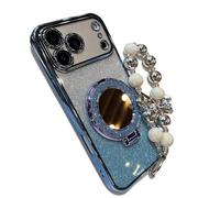 Sparkling Diamond Women's Phone Case with Mirror & Stand for iPhone 17/16/15/14/13/12Pro Max, Sparkling Luxe Bling Rhinestone Phone Case (for 14,Blue)