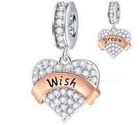 Sparkling Dream Wish Heart Pendant Charms in 925 Sterling Silver, fits Pandora Birthday Bracelet, Clear Sparkle Love Dangle Beads, Gift for Friends/Daughter/Children/Sister