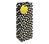 Sparkling Gold & White Dots Black Bottle Gift Bag - 35cm Paper Bag with Rope Handles & Gold Name Tag - Wine, Champagne, Celebration Bottle Gift Wrap