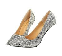 Sparkling High Heels Women 10cm Bling Sequins Daily Scapins New Goddess Pumps Lady Luxury High Heels Wedding Bridal Party Dress Shoes for Women(Silver 9.5cm,39)