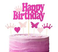 Sparkling Hot Pink Birthday Cake and Decoration, Pink Love Butterfly Crown Paper Cupcake Topper for Girls and Women