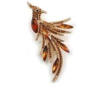 Sparkling Light Amber Coloured Crystal Fire-Bird Brooch (Gold Tone)
