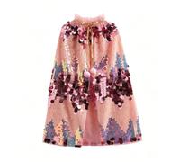 Sparkling Mermaid Cape With High Ruffled And Gold Trim Tie Closure Allover Shiny Scale Sequin Texture Semi Transparent Cape For Theater Plays, Apricot Pink