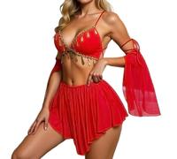 Sparkling Mesh Sheer Belly Dance Costume Lingerie Exotic Performance Wear (Red, XXL)