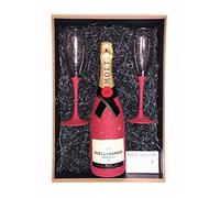 Sparkling Moët & Chandon Impérial 75 ift set hamper with two matching stemmed champagne flutes fully boxed and gift wrapped (Red)