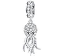 Sparkling Octopus Dangle Charms fit Pandora Ocean Bracelet, 925 Sterling Silver Swimming Squid Sea Life Pendant Bead with CZ Black Eye, Gifts for Sister/Animal Lover/Travel