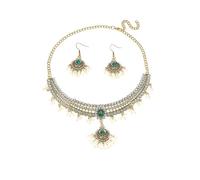 Sparkling Oxidized Indian Style Pendant Necklace With Crystal Cubic Zirconia Faux Pearl Beaded Dangle Drop Fake Huggie Hook Hoop Earrings Chain Adjustable Choker Necklaces Boho Wedding Jewelry Set for