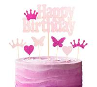 Sparkling Pink Birthday Cake Topper,Crown Heart Butterfly Cake Decoration, Surprise Parties for Girls Women Baby