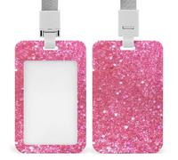 Sparkling Pink Glitter Badge Holder Vertical Id Card Holder with Lanyard Heavy Duty Name Tag Holders Waterproof Work Badge Holder for Office Cruise Teacher Cute Badge Protector