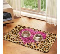 Sparkling Pink Hearts And Leopard Print,Waterproof Pet Feeding Mat,PU Leather Placemats for Cat Dog Water Bowl,Food Mats,30x45cm