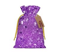 Sparkling Purple Glitter Christmas Drawstring Gift Bags with Tags, Xmas Gift Bags with Yellow Christmas Ribbon, Reusable Gift Wrapping Bag Fabric Goody Gift Sacks for Party Presents Decorations