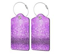 Sparkling Purple Glitter,Luggage Tags Pu Leather Name Tag Travel Suitcase Identifier ID Tags Durable Luggage Label 2 pcs
