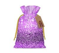 Sparkling Purple Glitter Printed Christmas Drawstring Bags with Yellow Christmas Ribbon - Reusable Burlap Drawstring Gift Pouches, M