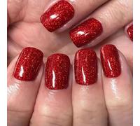 Sparkling Red Glitter Short Square Press On Nails - Vibrant Fine Shimmer Rounded Squoval Shape for Women, Salon-Quality Manicure, Party & Festive Occasions, Luxurious High-Shine Finish
