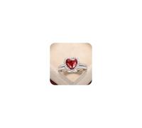 Sparkling Red Love Heart Halo Ring Set 925 Sterling Silver Cubic Zirconia Solitaire Engagement Statement Rings for Women Simulated Diamond Anniversary Wedding Bands Enhancer Bridal Sets (Size 6)