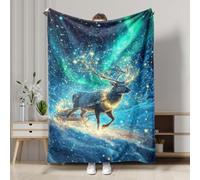 Sparkling Reindeer Flannel Blanket, Blue Northern Lights Holiday Throw Blanket, Cozy Soft Warm Sleep Blanket for Sofa, Bed, All Season 40x50 Inch