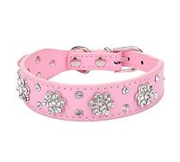 Sparkling Rhinestone Flower Studded Leather Dog Collar Elegant Comfortable Adjustable Pet Accessory for Small Medium Breeds (D, S)