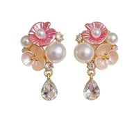 Sparkling Rhinestones Flower Pearl Drop Earrings for Women Gold Tone Floral Crystal Dangle Earrings Daily Wear for Bridesmaid, Date Night, Birthday Gift