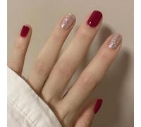 Sparkling Wine Red Glitter French Tip Press On Nails Almond Shape - Elegant Touch Short Square Fake Nails Handmade Gel Stick Manicure Kit Acrylic Tips Women Christmas Autumn (Wine Glitter Glam)