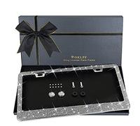 Sparkly Bling Stainless Steel License Plate Frames for Women, 1PCS | Over 1000 pcs 14 Facets Bedazzled Clear Glass Diamond Rhinestone Crystals w/Free Glitter Diamond Box (White)