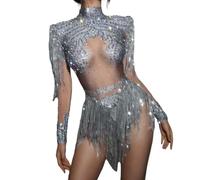 Sparkly Diamonds Sequins Bodysuit Singer Dancer Stage Wear Sexy Performance Latin Dance Costume Party Birthday Outfit (Silver, One Size)