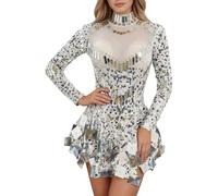 Sparkly Dresses for Women UK Glittering Sequins Short Dress Sparkly Ballroom Dance Costume A-line Carnival Themed Party Costumes Elegant Short Flared Hem Party Wear Disco Dancer Outfit (02-WH1, S)