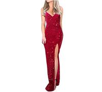 Sparkly Dresses for Women UK Nightclub Party Dress Evening Cocktail Gown Dresses Sexy V-Neck Slimming Long Dress Off The Shoulder Ruched Elegant Dresses Clearance Sequins Sleeveless Maxi Dress Red