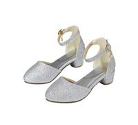 Sparkly Flower Girl High Heel Shoes - Closed Toe Ankle Strap, Kids Formal Wedding Party Birthday, Glitter Silver