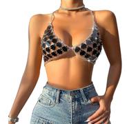 Sparkly Glitter Crop Top Sequin Bra Top Body Chains Top Women Vest Sexy Halter Neck Crop Top Backless Tassel Top V Neck Blouse T Shirts Halter Tank Tops with Adjustable Strap for Ladies Clubwear Party
