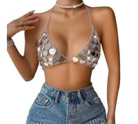 Sparkly Glitter Crop Top Sequin Bra Top Body Chains Top Women Vest Sexy Halter Neck Crop Top Backless Tassel Top V Neck Blouse T Shirts Halter Tank Tops with Adjustable Strap for Ladies Clubwear Party