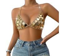 Sparkly Glitter Crop Top Sequin Bra Top Body Chains Top Women Vest Sexy Halter Neck Crop Top Backless Tassel Top V Neck Blouse T Shirts Halter Tank Tops with Adjustable Strap for Ladies Clubwear Party