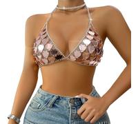 Sparkly Glitter Crop Top Sequin Bra Top Body Chains Top Women Vest Sexy Halter Neck Crop Top Backless Tassel Top V Neck Blouse T Shirts Halter Tank Tops with Adjustable Strap for Ladies Clubwear Party