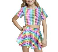 Sparkly Jazz Hip Hop Modern Dancewear Girls Short Sleeve T-Shirt Crop Top with Elastic Waist Flare Skirt Performance Clothing Set Colorful 12-13 Years