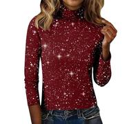Sparkly Jumpers for Women UK Polo Neck Long Sleeve Glitter Knitted Sweater Sequin Shimmer Cocktail Holiday Party Tops(Red, M)