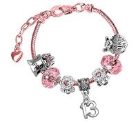 Sparkly Pink Crystal & Rose Gold Plated Adjustable Celebration Charm Bracelet with Gift Box - Perfect for Girls' 13th Birthday