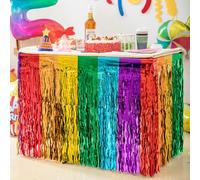 Sparkly Rainbow Party Decorations, Colorful Wavy Rainbow Table Skirt Metallic Tinsel Foil Fringe Streamers for Unicorn Birthday Cartoon Pride Fiesta Graduation Party Decor - 29x108 Inches (2 Pcs)