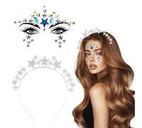 Sparkly Rhinestone Crown Headband with Pearl Stars, Perfect for Weddings and Parties, Includes Adhesive Face Gems for Festive Glamour (Silvery, One Size)