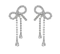 Sparkly Rhinestone Long Tassel Dangle Bow Ribbon Stud Earrings for Women Fashion Statement Chandelier Crystal Bowknot Fringe Chain Dangling Waterdrop Drop Shiny Prom Bridal Wedding Party Dress Jewelry