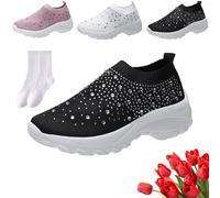 Sparkly Rhinestones Mesh Trainers Womens, Women's Breathable Glitter Platform Wedge Slip On Walking Shoes, Ladies Casual Loafers Comfortable Orthopedic Sneakers (Black,38EU)