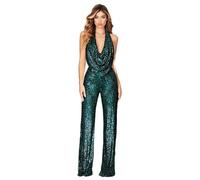 Sparkly Sequin Jumpsuit Halter Cowl Neck Backless Sequin Overalls Pants, Blackish-green, XL