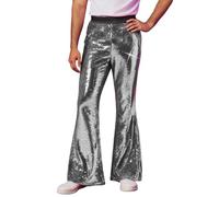 Sparkly Sequin Mens Trousers Dressy Flared Wide Leg Pants Elastic Waisted Party Metallic Shiny Trouser Modern Hip Hop 70s Disco Dance Bell Bottoms Casual Formal Pants Glitter Dress Trousers Silver