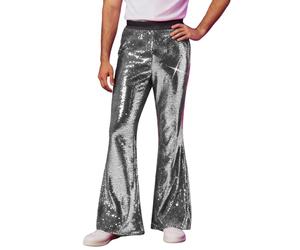 Sparkly Sequin Mens Trousers Dressy Flared Wide Leg Pants Elastic Waisted Party Metallic Shiny Trouser Modern Hip Hop 70s Disco Dance Bell Bottoms Casual Formal Pants Glitter Dress Trousers Silver